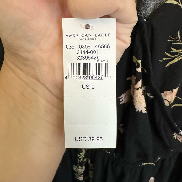 American Eagle Blouse Large Floral Open Back Long Puff Balloon Sleeve Black NWT - Picture 7 of 8